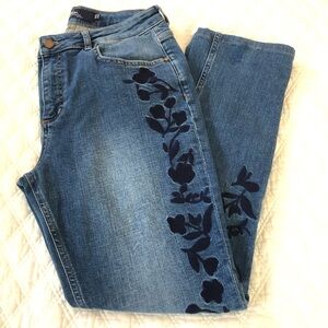 Boden Blue Jeans with Black Velvet Floral Detail